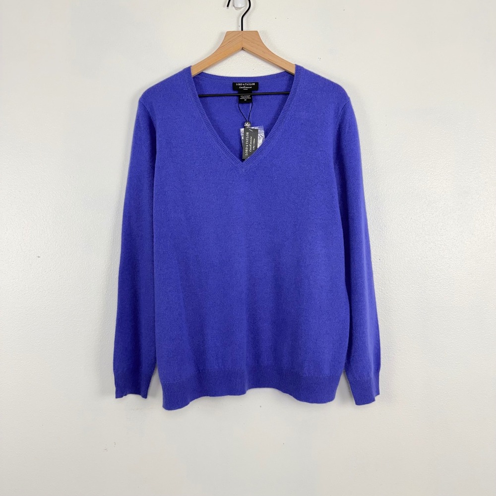 Lord & Taylor Cashmere V-Neck Sweater Woman 2X Blue Pullover Classic Soft NWT
